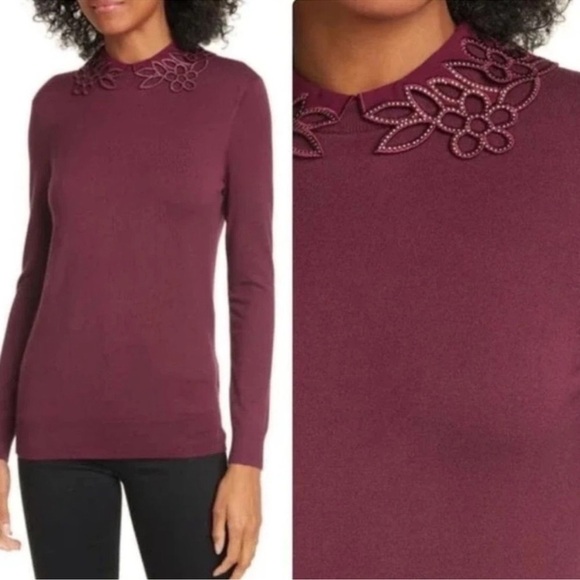 Ted Baker Burgundy Red Crewneck Lace Sweater Red Azaleo Embellished Collar Knit - Picture 1 of 4